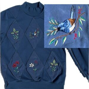 Vintage ALFRED DUNNER Blue Embroidered Granny Sweatshirt Floral Bird Design